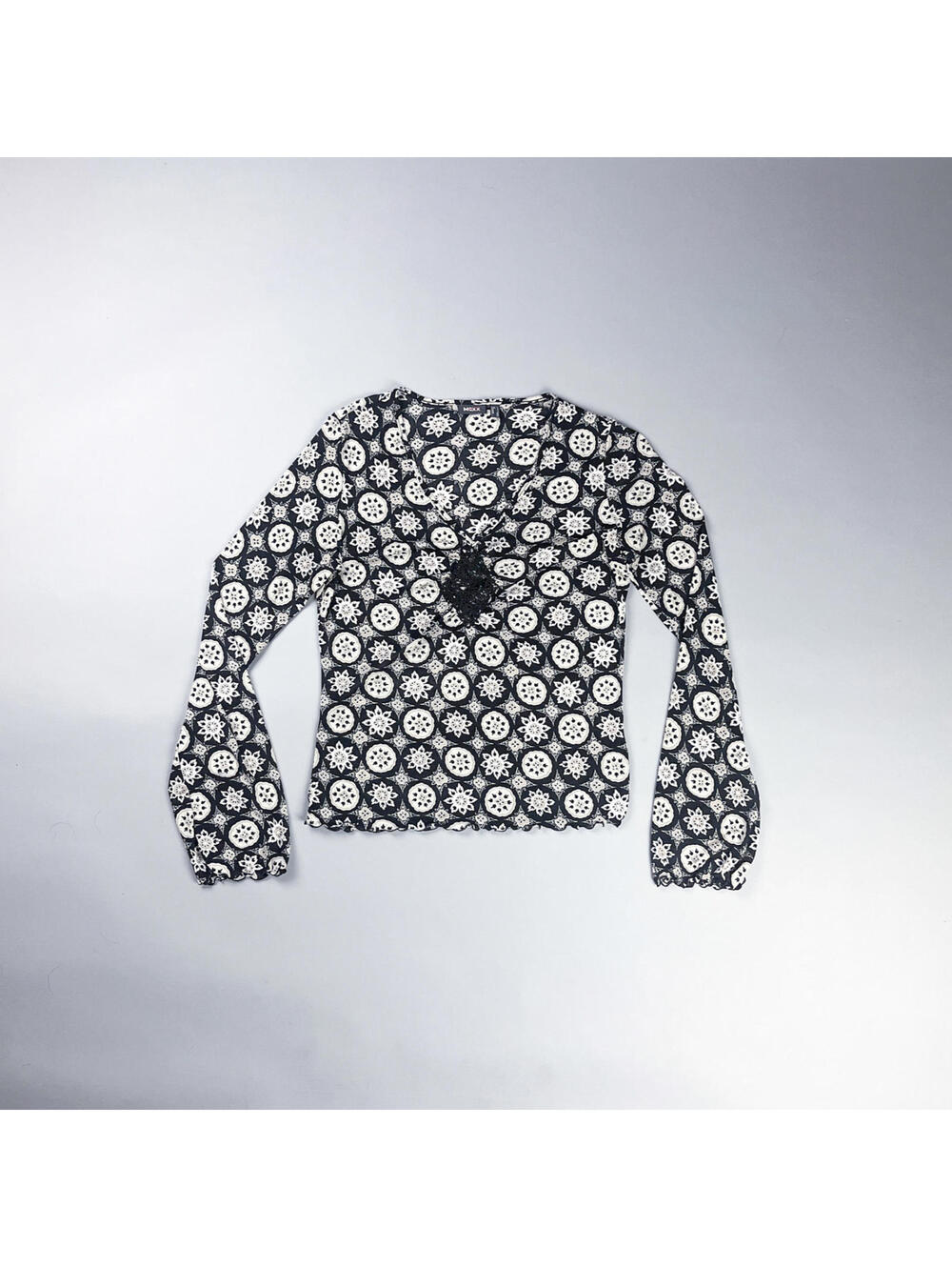 Mesh Patterned Blouse | Y2K Vintage Beige Black See Though Long Sleeve Top